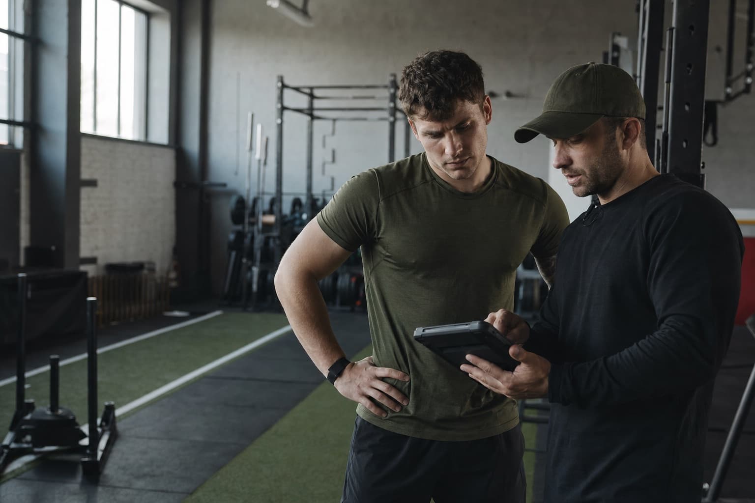 Coach and tactical athlete reviewing readiness information between training sets