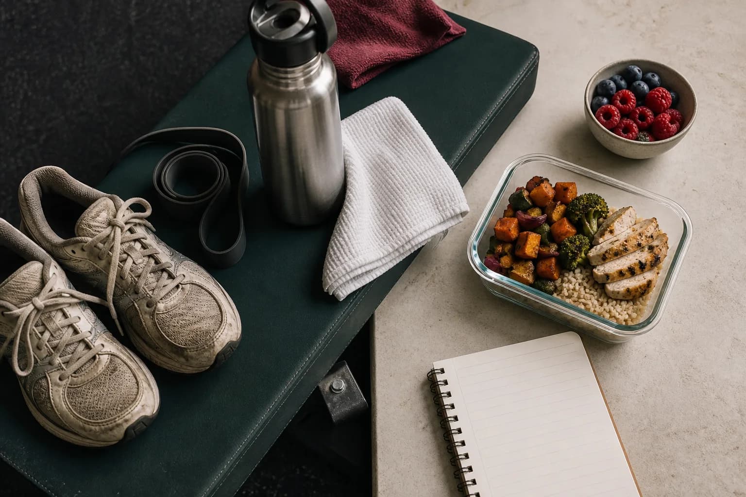 A balanced meal, water bottle, running shoes, and resistance band arranged for an active day