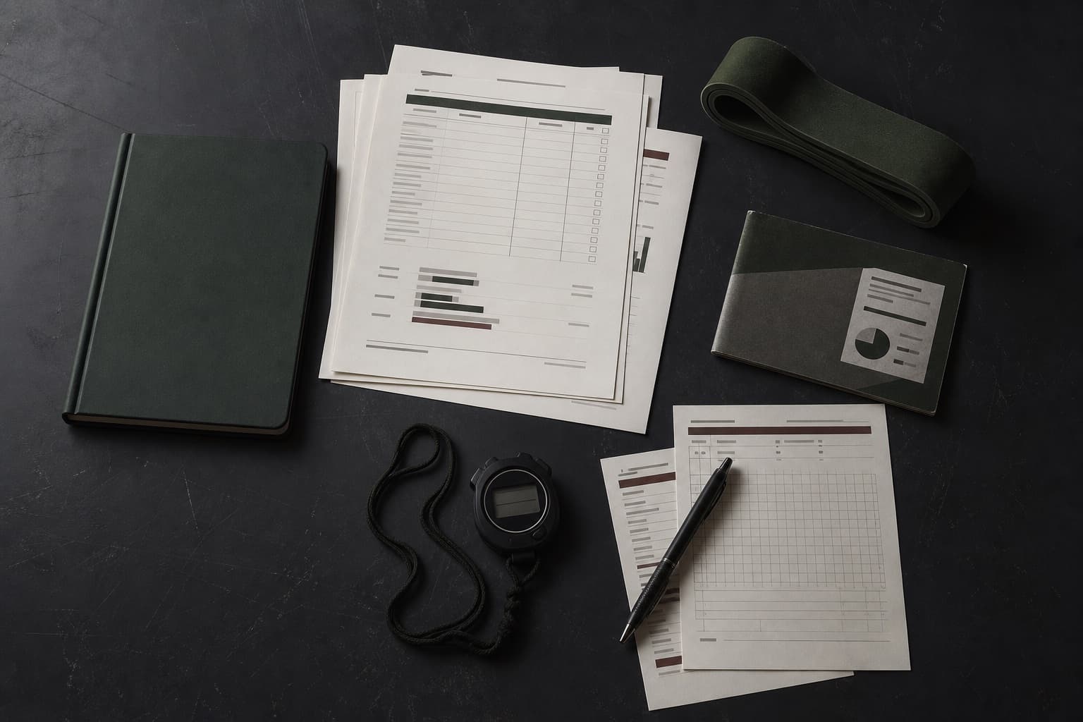 Readiness checklists, training logs, notebook, stopwatch, and resistance band arranged on a worktable